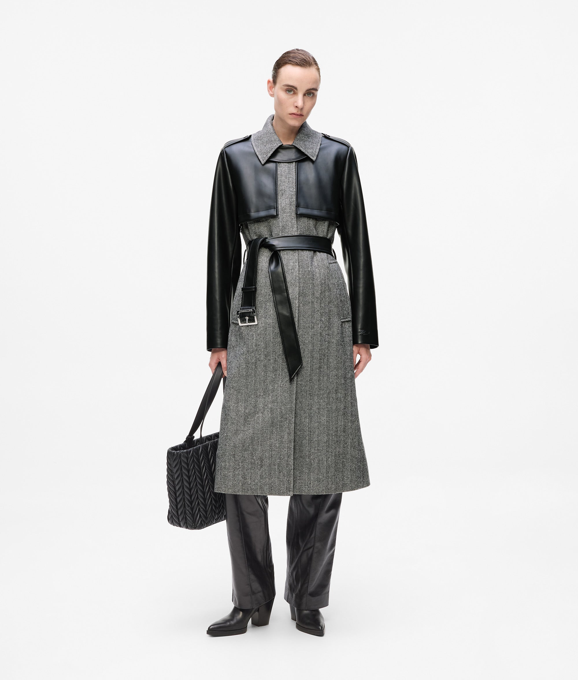 Tweed and faux-leather coat - Image 4