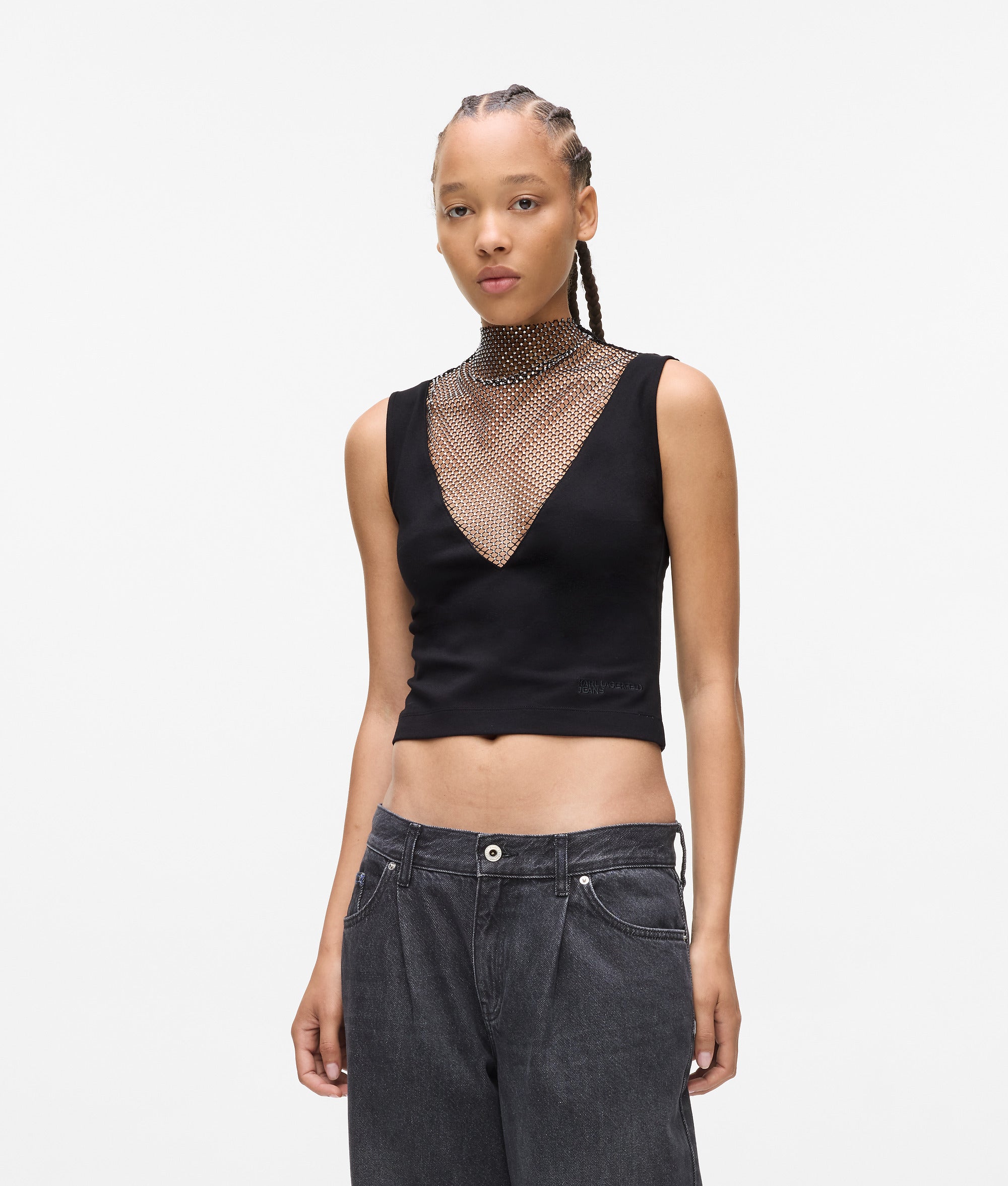 V-neck rhinestone mesh top